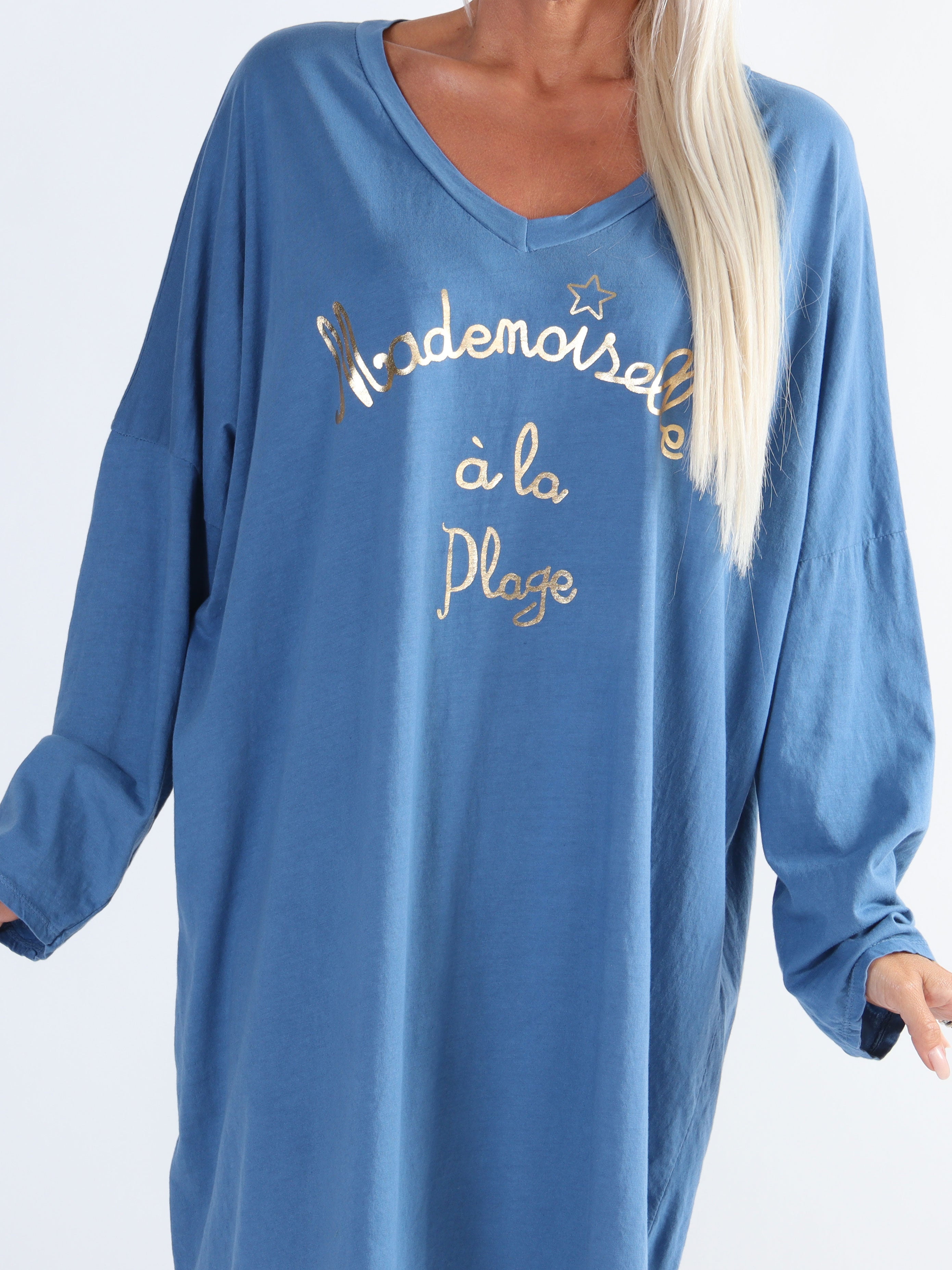 Bree Long Sleeve - Plus size klänning i bomull med guldtext framtill